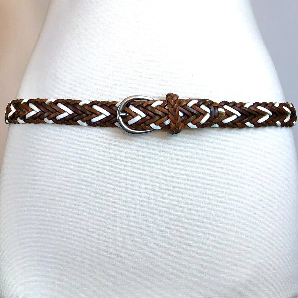 Vintage 80's Copper Key Braided Leather Belt Size M/28 Tan Brown White Boho